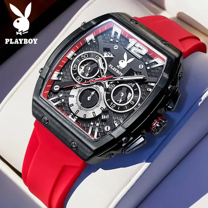 Montre PLAYBOY 3075 en alliage avec bracelet en silicone pour hommes, style mode et décontracté, résistance à l'eau 3 bars, idéale pour les occasions spéciales et cadeaux d'anniversaire