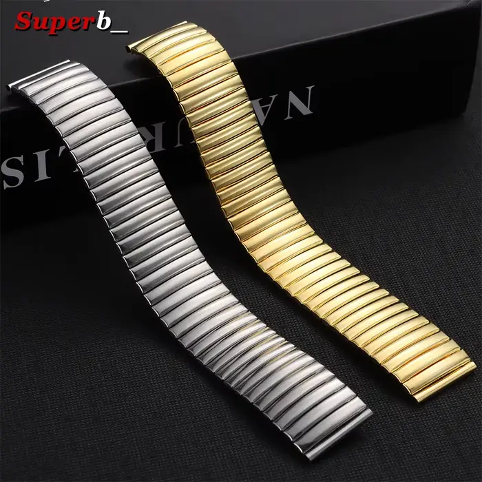 Bracelet de montre élastique en acier inoxydable argenté et doré de 12 mm