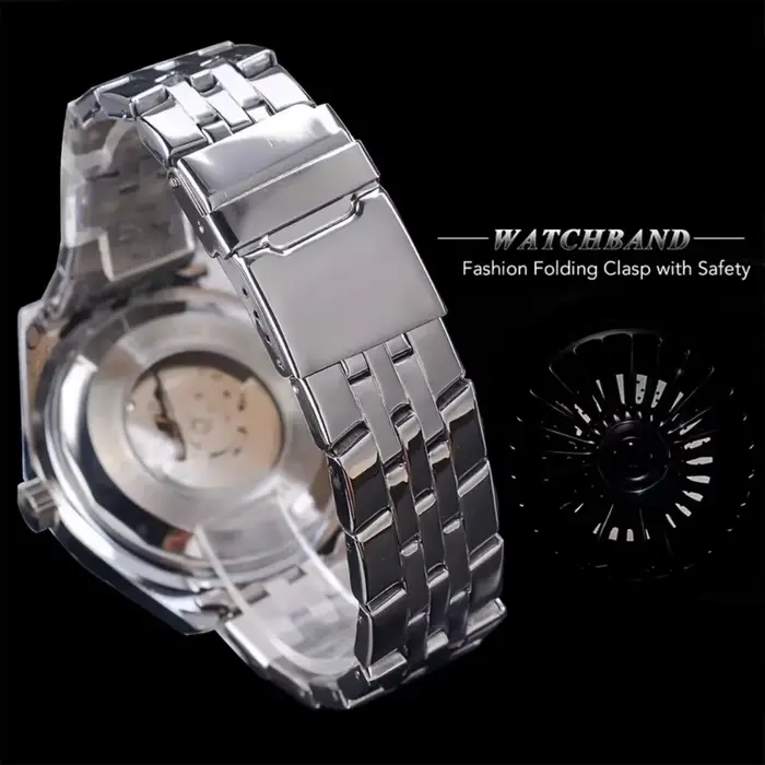 Montre en acier inoxydable pour hommes avec mouvement automatique à remontage automatique et design ajouré pour occasions spéciales et quotidiennes