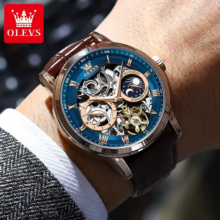 Montre automatique OLEVS 6670 design squelette bracelet en cuir phase lunaire résistante à l'eau pour homme occasions spéciales