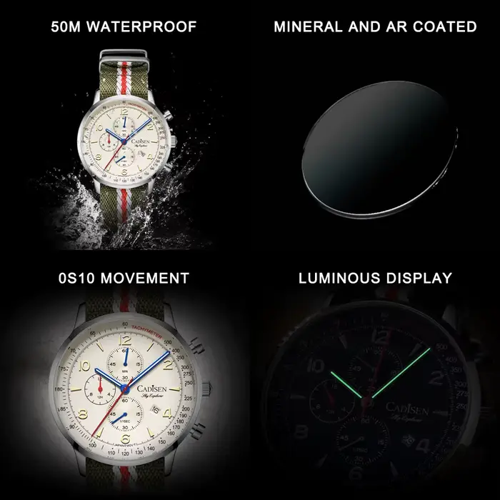 Montre à quartz Cadisen, multifonction, verre saphir, étanche 10 ATM, chronomètre, aiguille des secondes, montre-bracelet