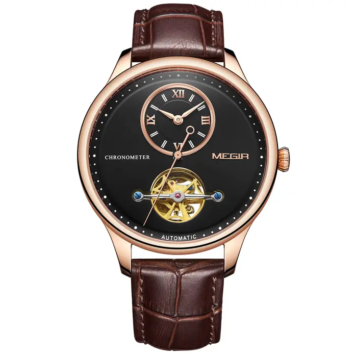 Montres mécaniques horloge multifonction Montre Homme cuir mouvement automatique 5 ATM étanche montre-bracelet creuse Megir 62070