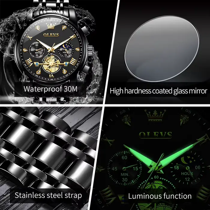 Montre homme OLEVS à quartz avec phase de lune, résistance à l'eau 30m, bracelet en acier inoxydable pour occasions spéciales et quotidiennes