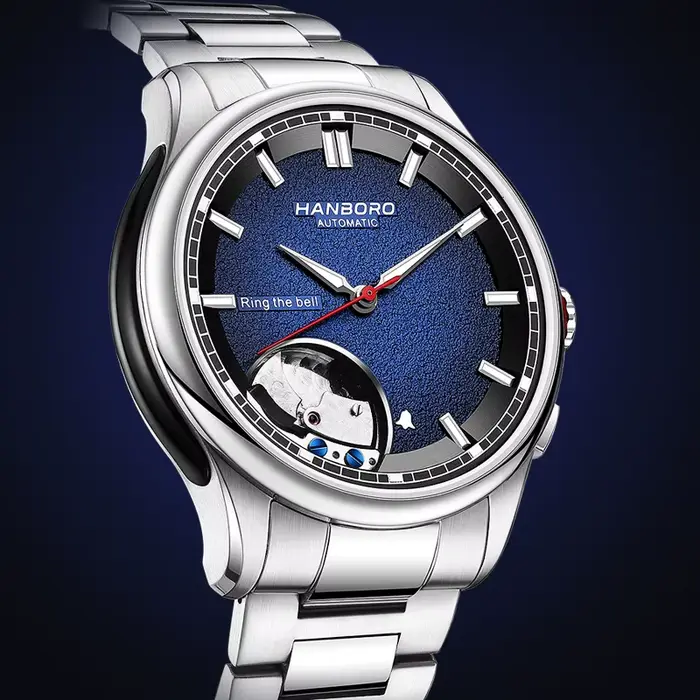 Montre automatique homme HANBORO édition limitée acier inoxydable bracelet caoutchouc alarme cadran squelette saphir occasions spéciales