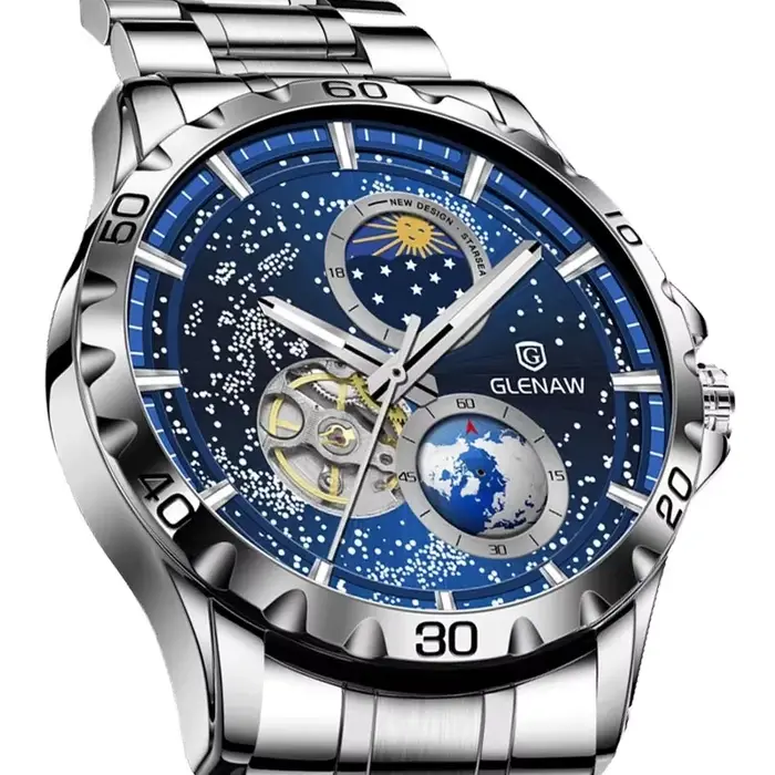 Montre-bracelet automatique mécanique GLENAW pour homme avec cadran rotatif et double aiguille des secondes