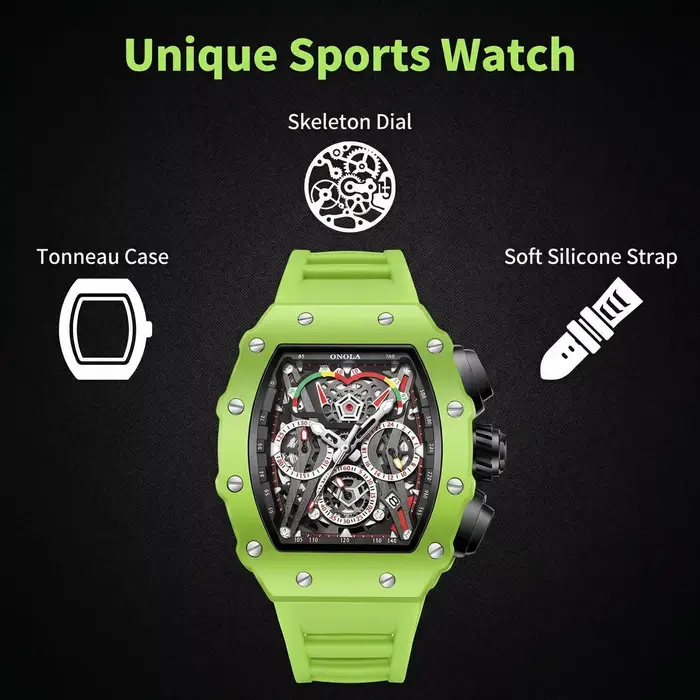 ONOLA 6827CK Nouvelle Montre à Quartz Design Tonneau Multifonctionnelle Étanche avec Bracelet en Silicone pour Homme Reloj
