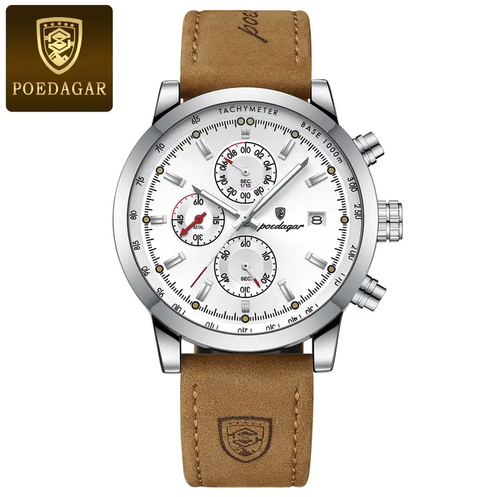POEDAGAR Original mode homme montre Date chronographe en cuir étanche lumineux hommes montre de luxe