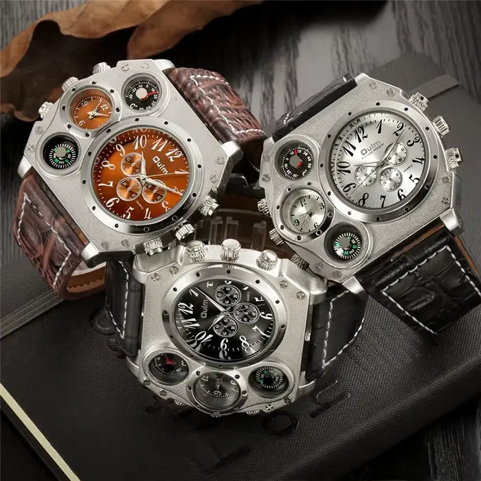 Montre Oulm Unique pour Hommes Style Sportive Fuseau Horaire Multiple Bracelet en Cuir Occasions Aventures Militaires
