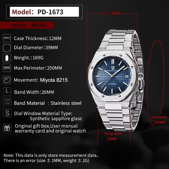 Montre PAGANI DESIGN PD1673 en acier inoxydable avec mouvement mécanique automatique pour homme, résistante à l'eau, bracelet en acier inoxydable, pour diverses occasions et styles