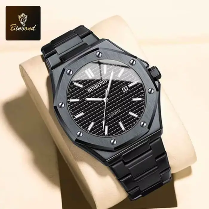 BINBOND chaud nouveau homme montre bracelet en alliage avec vis octogonale anneau décoratif mouvement à Quartz haut de