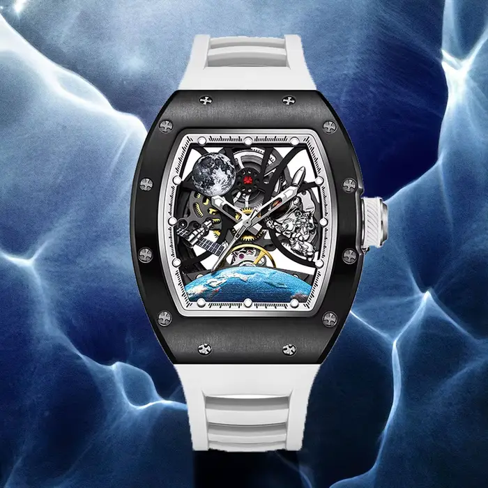 Montre automatique BONEST GATTI style mode et décontracté pour hommes cadran terre lumineux squelette résistante à l'eau pour occasions formelles et décontractées