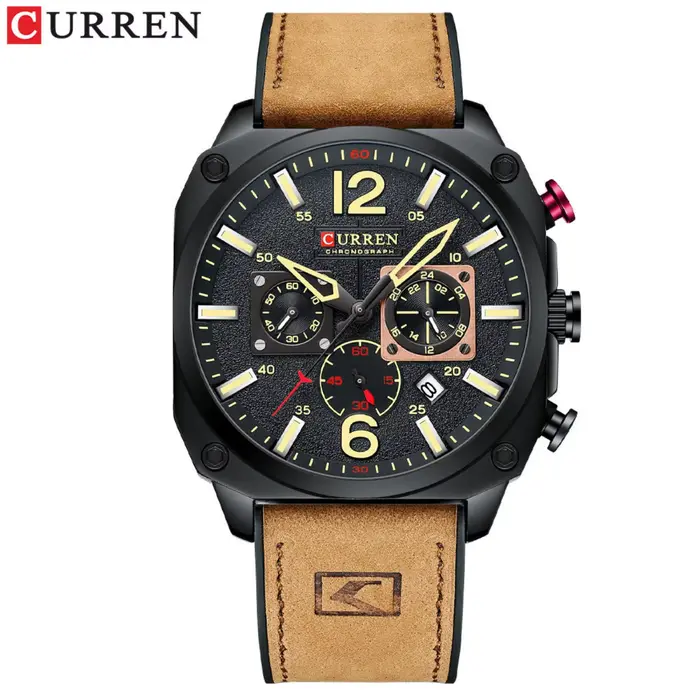 Montre chronographe carrée vintage pour homme, style militaire décontracté, quartz, boîtier en alliage, bracelet en cuir, résistance à l'eau 3 bars, cadeau idéal pour occassions spéciales