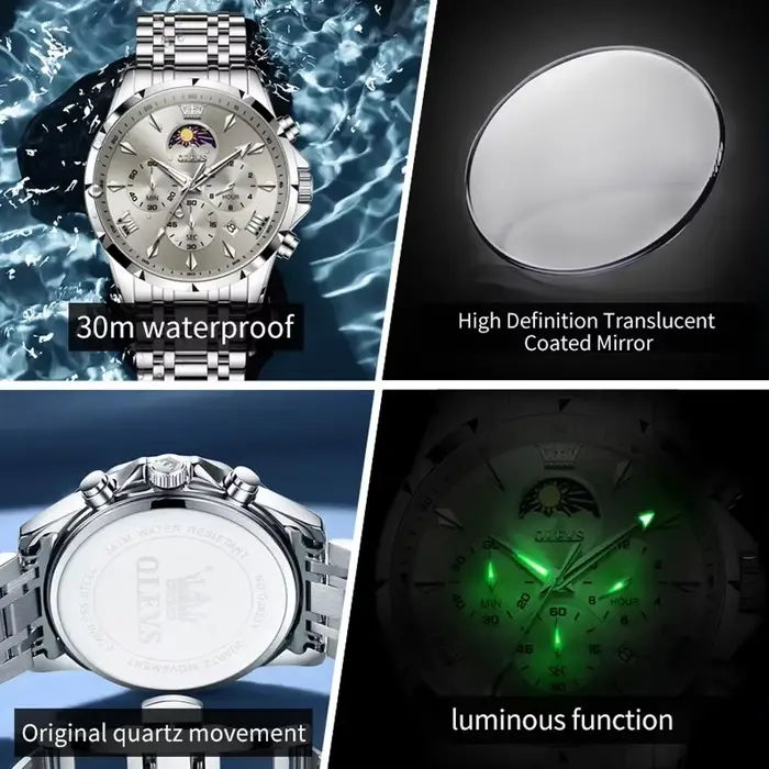Montre homme OLEVS Top Moon Phase Fashion acier inoxydable étanche classique quartz avec calendrier lumineux et phase de lune pour toutes occasions