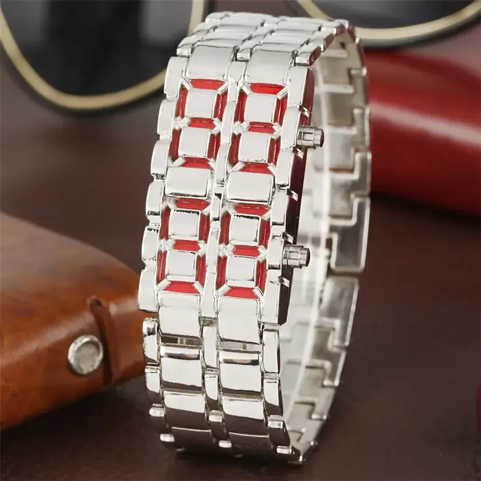Mode noir entièrement en métal numérique lave montre-bracelet hommes rouge/bleu LED affichage