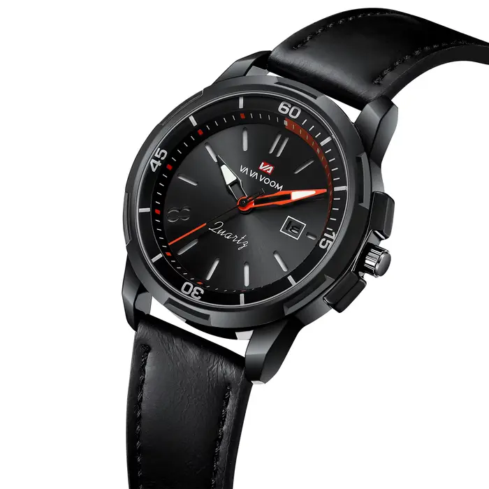 VA VA VOOM montre militaire en cuir noir avec grand cadran 46 mm mouvement à quartz style d'affaires