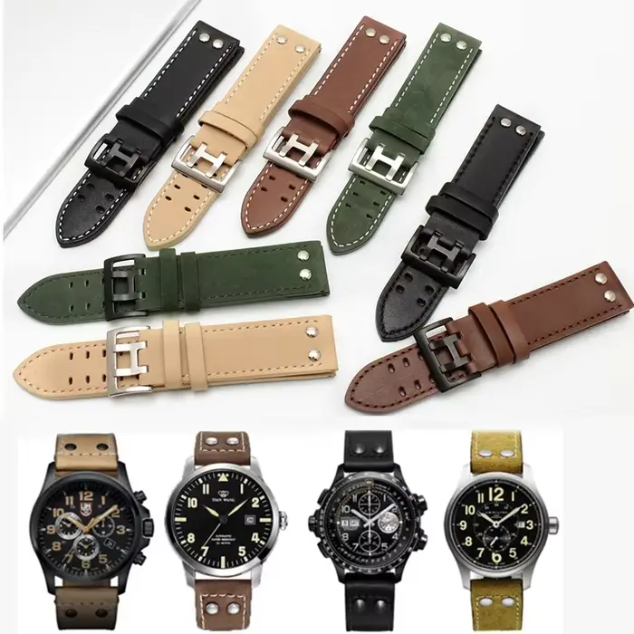 Bracelets de montre imperméables en cuir de vachette véritable pour Hamilton H 760250 Bracelet respirant léger Khaki
