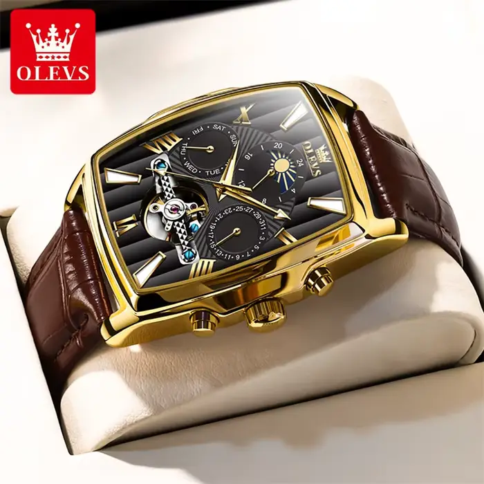 OLEVS luxe cadran rectangulaire montres mécaniques étanche en cuir automatique montre lumineuse hommes d'affaires relogios masculino