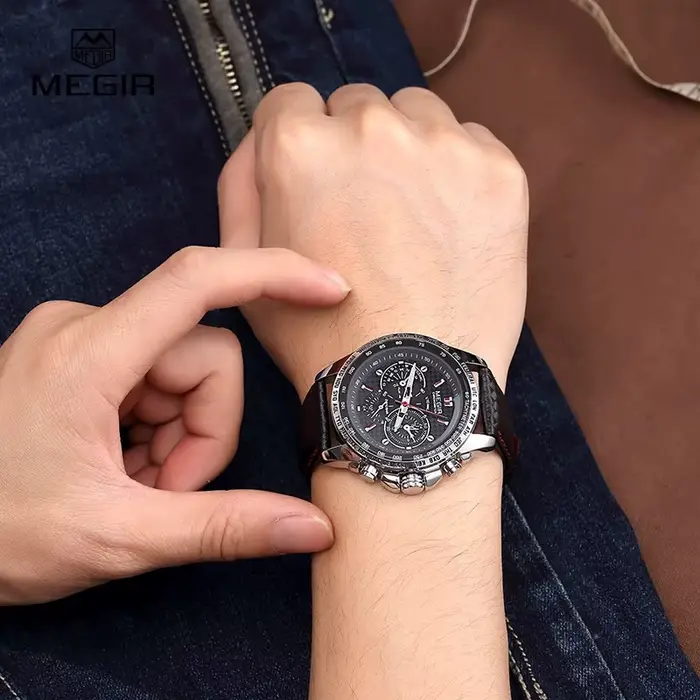 MEGIR mode homme Quartz analogique montre-bracelet marque étanche luxe en cuir montres pour hommes décontracté noir montre mâle 1010
