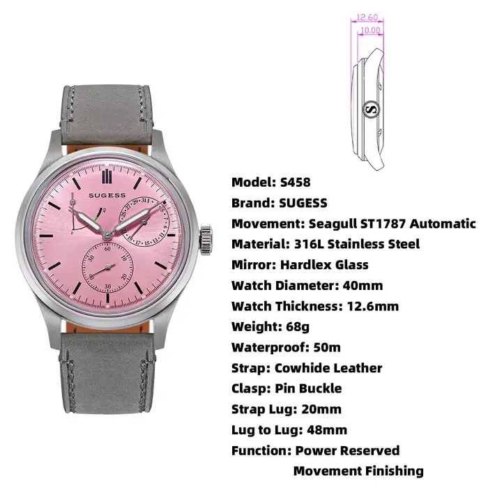 Montre SUGESS S458 en acier inoxydable avec mouvement Seagull ST1787, résistante à l'eau, pour homme, élégante et polyvalente occasions