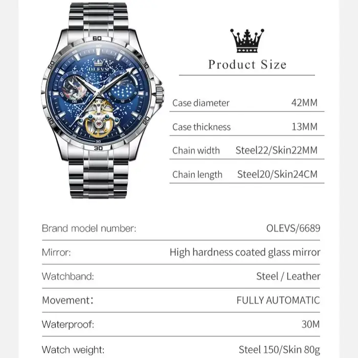 OLEVS volant squelette montre automatique pour hommes lumineux ciel étoilé étanche montre-bracelet d'affaires
