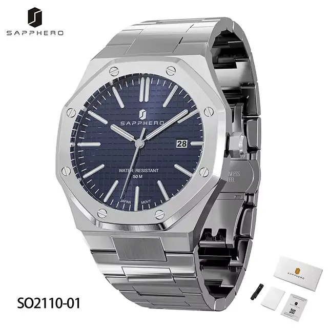 SAPPHERO montre pour hommes, bracelet en acier inoxydable, conception résistante à l'eau, calendrier