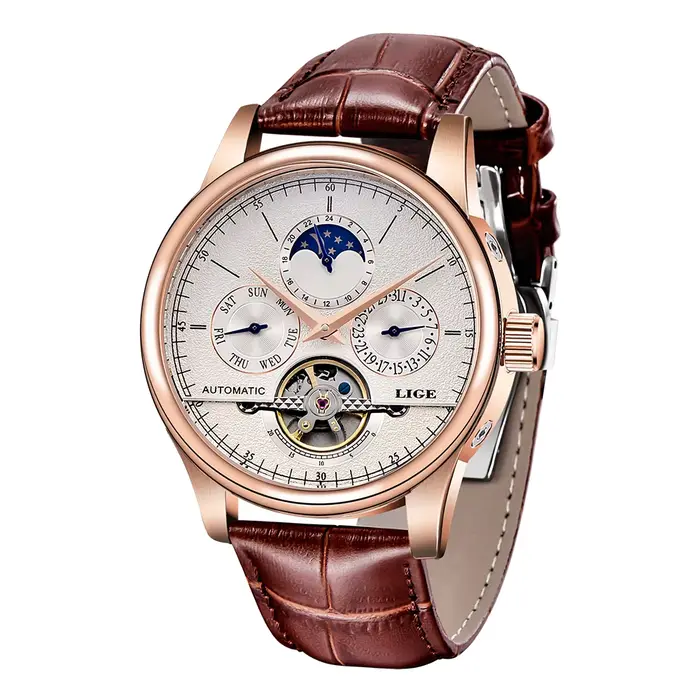 LIGE marque classique hommes rétro montres automatique mécanique montre Tourbillon horloge en cuir v