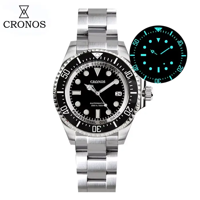 Cronos montre de plongée automatique en acier inoxydable 2000 mètres résistance à l'eau plongeur pro