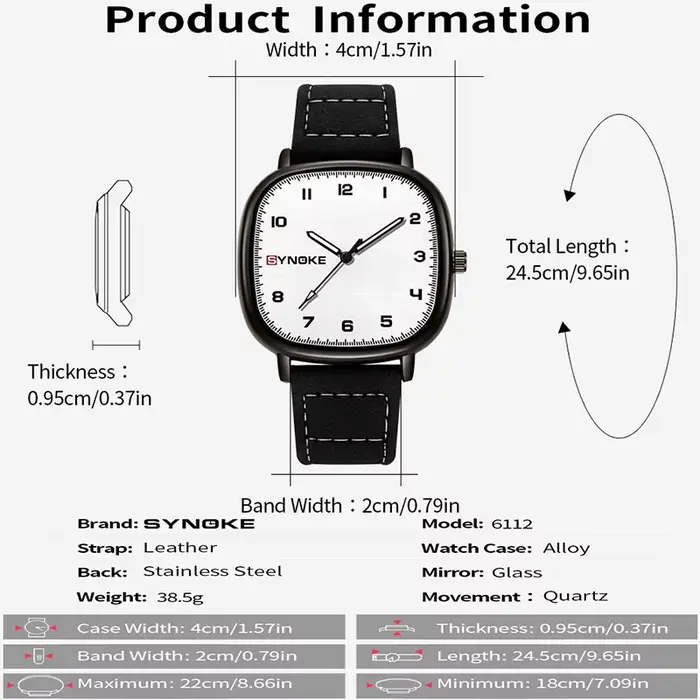 Synoke-Montre à quartz avec bracelet en cuir pour homme