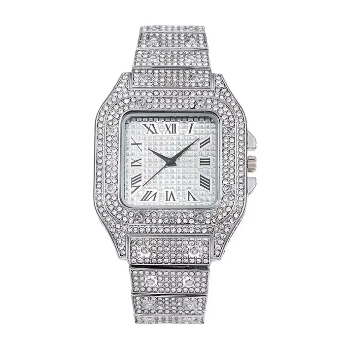 Montre carrée à ciel étoilé en acier avec diamants, mouvement quartz, affichage chiffre romain pour hommes occasions spéciales
