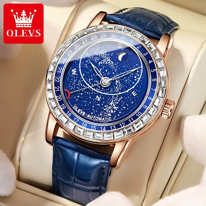 Montre homme Olevs 9923 phase de lune cadran ciel étoilé aiguilles des secondes rotatives lunette sertie de diamants montre mécanique automatique lumineuse homme occasions spéciales