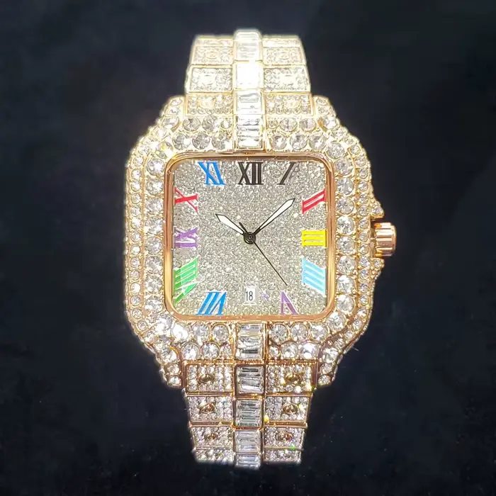 Montre de luxe en diamant pour hommes, montres à quartz carrées glacées Bling, rap Hip Hop, or rose,
