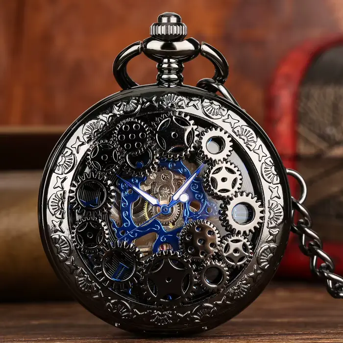 Montre de poche mécanique antique Steampunk design roue dengrenage transparente pendentif à remontage manuel homme occassions spéciales