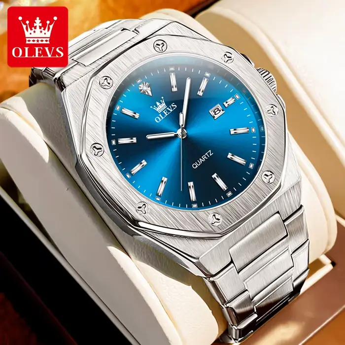 Montre OLEVS 3613 pour homme, de marque haut de gamme, dorée, octogonale, étanche, à quartz, en acie