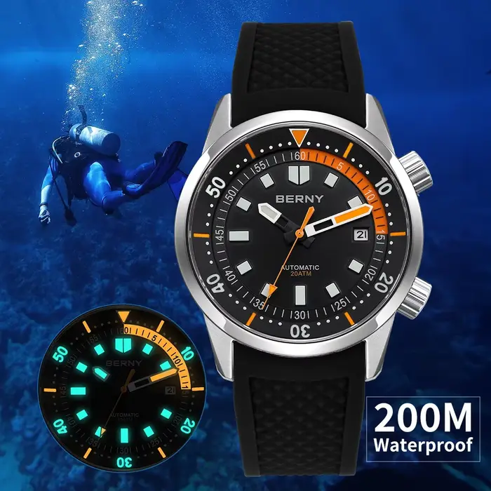 BERNY montres de plongée pour hommes 200M étanche Super lumineux automatique mécanique montre