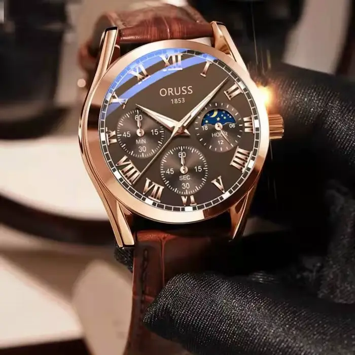 Montre en alliage avec bracelet en cuir résistant à l'eau pour hommes cadran romain aiguilles lumineuses occasions spéciales