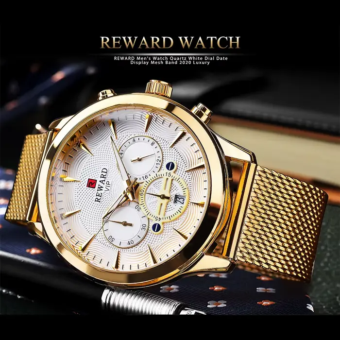 Récompense montres d'affaires mouvement à Quartz mode hommes or montre en acier inoxydable calendrier de luxe