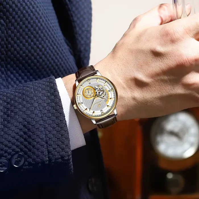 Montre POEDAGAR automatique avec tourbillon ajouré et bracelet en cuir pour hommes d'affaires et occasions spéciales