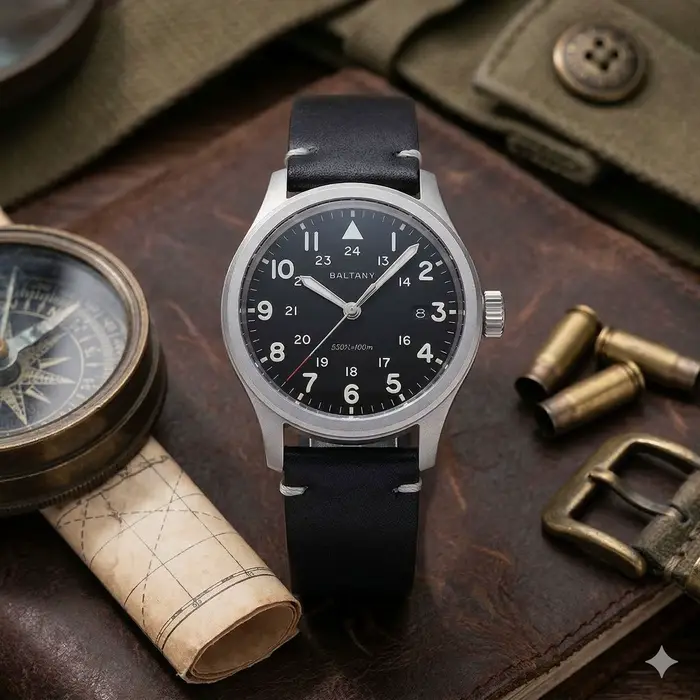 Montre à quartz militaire Baltany S2082, date, batterie, étanche 100M, rétro, en cuir, pour le travail, le bureau, usage quotidien, grands chiffres