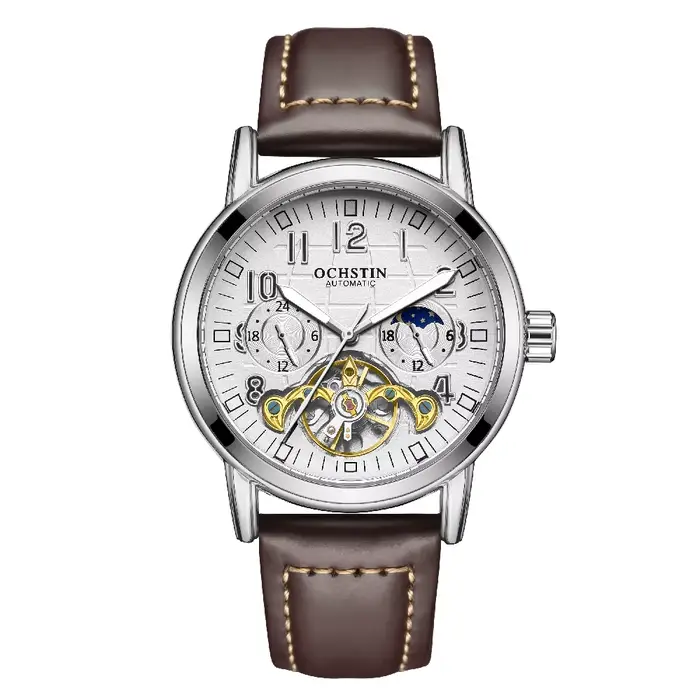 Montre Homme OCHSTIN Tourbillon GMT Automatique Mécanique Squelette Double Fuseau Horaire 24H AM/PM 