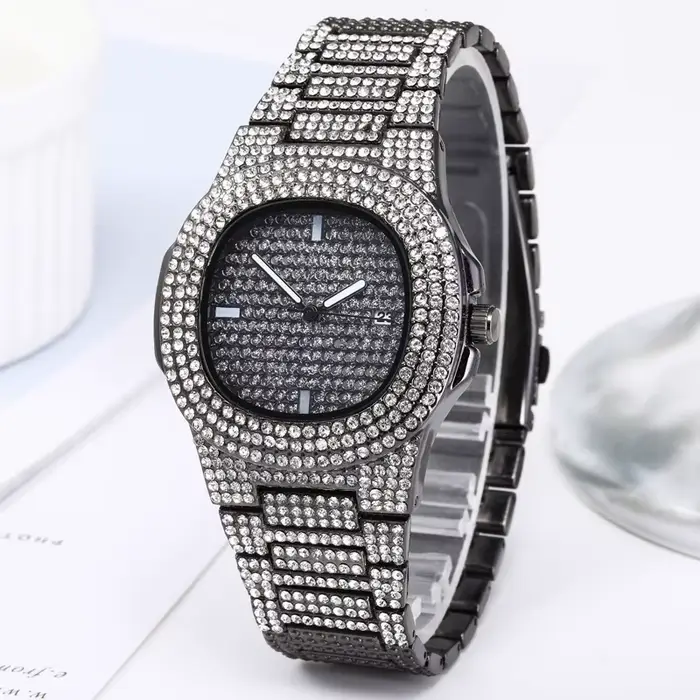 Montre-bracelet en or et argent glacé pour femme diamant carré quartz horloge romaine cadeau occasion spéciale bronze café multicolore rose