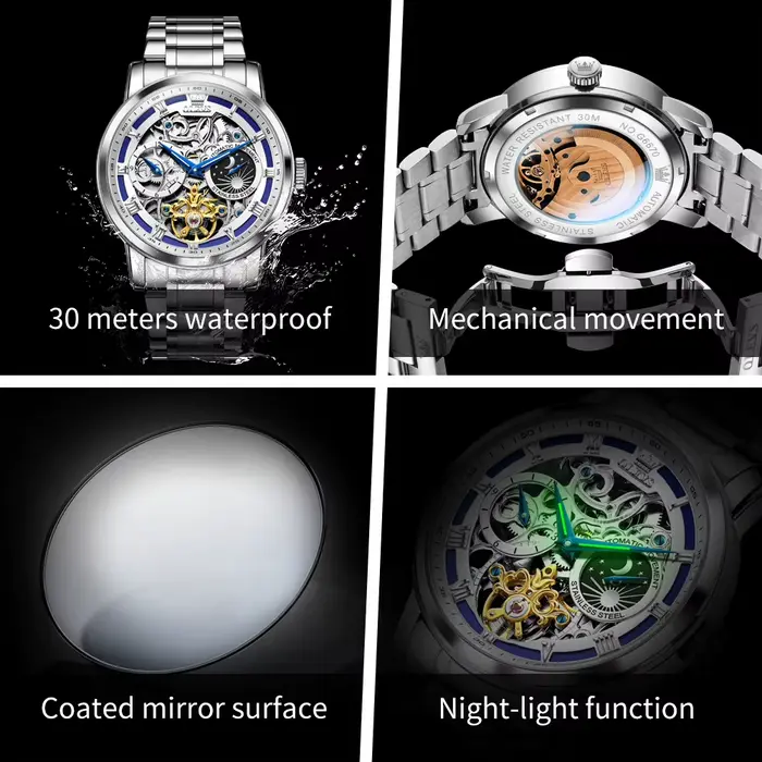 Montre OLEVS 6670 Squelette Luxe Mécanique Phase de Lune Acier Inoxydable Pour Hommes Occasions Spéciales