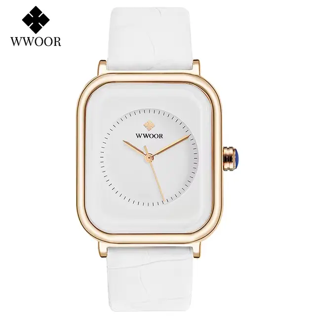 WWOOR-Montre-bracelet rectangulaire minimaliste en cuir blanc pour femme, montre-bracelet à quartz, 