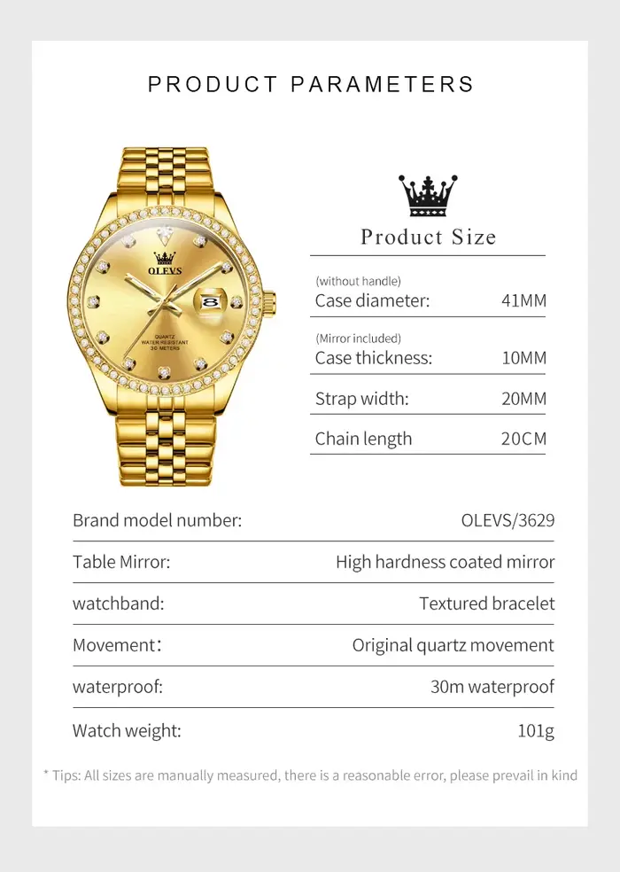 Montre OLEVS 3629 or et diamants montre-bracelet homme quartz résistante à l'eau pour hommes occasions spéciales