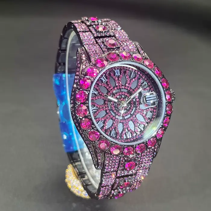 Vente chaude Rose glace montre pour hommes marque de mode MISSFOX Hip Hop plein diamant luxe bijoux Quartz montre-bracelet homme nouveau 2025