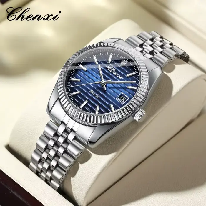 Montre en acier inoxydable avec calendrier complet et résistance à l'eau pour homme style décontracté occasions quotidiennes et spéciales