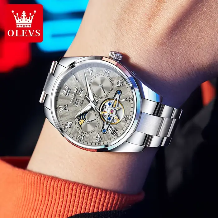 OLEVS 7028 montre mécanique automatique pour hommes cadran Tourbillon multifonctionnel Date étanche