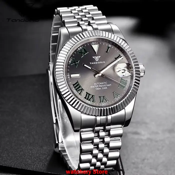 Montre automatique pour hommes, or Rose, 36mm 39mm, cadran gris Sunburst, chiffres romains vert fonc