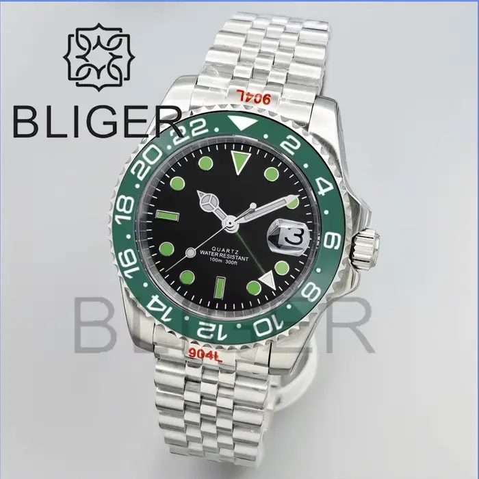 BLIGER 40mm GMT montres pour hommes 100M étanche Logo personnalisé céramique verre saphir acier inoxydable affaires