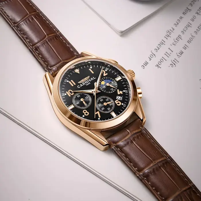 Carnaval marque de luxe en cuir chronographe montre à Quartz pour hommes mode sport militaire étanche calendrier montres Reloj Hombre