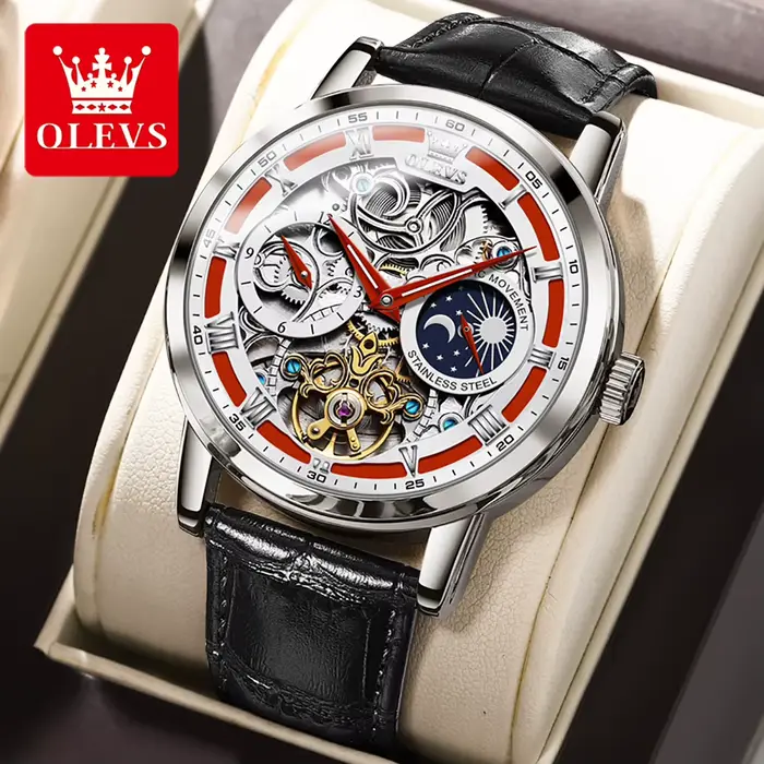 OLEVS Top marque hommes squelette montre mécanique étanche bracelet en cuir hommes Phase de lune aut